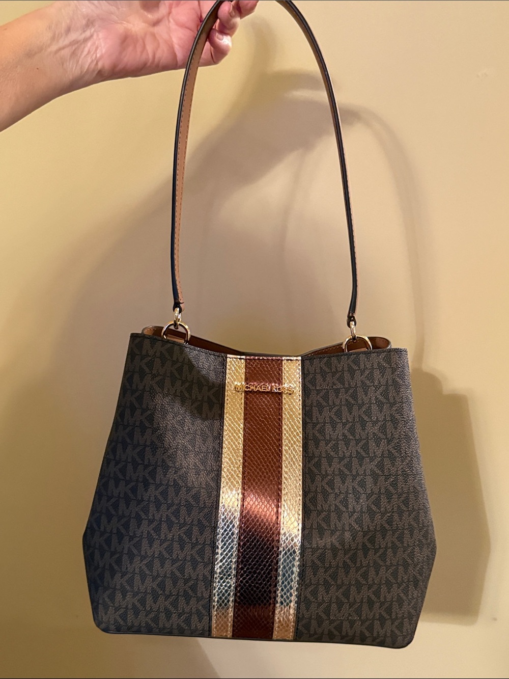 Michael Kors Dark Brown Signature Shoulder Bag with Metallic Center Stripe